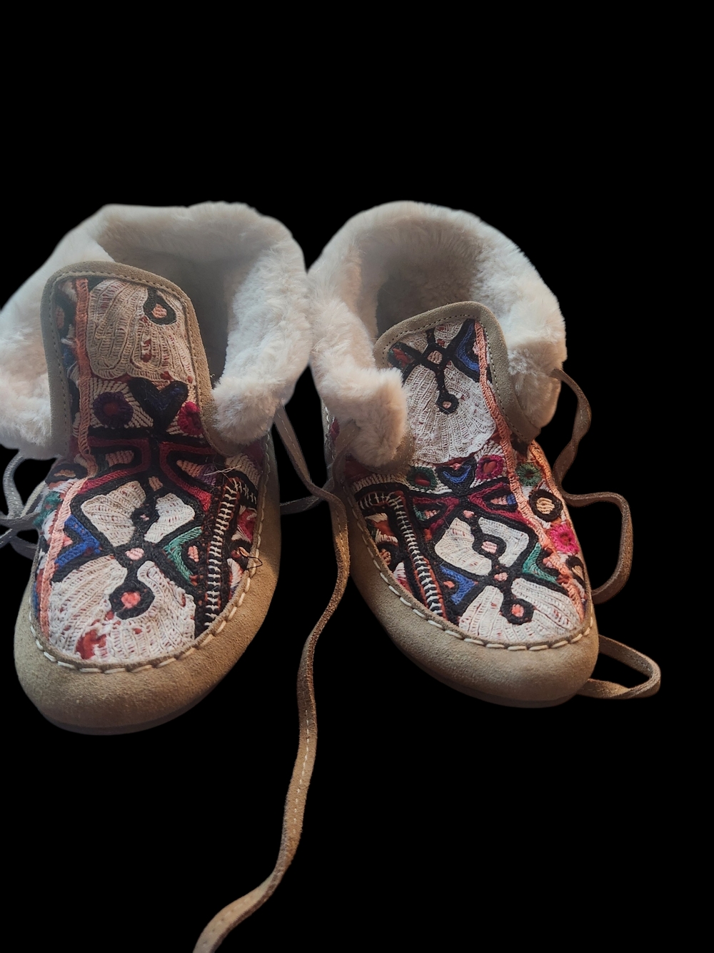 Anthropologie Upcycled Patchwork Slipper Booties Textile and Fur Moccasins US 6